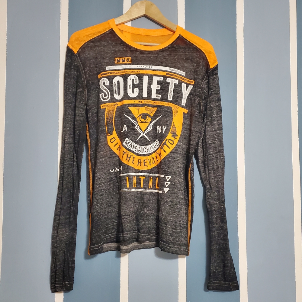 Society Men’s Long Sleeve Tee in Charcoal Gray with Orange Accents